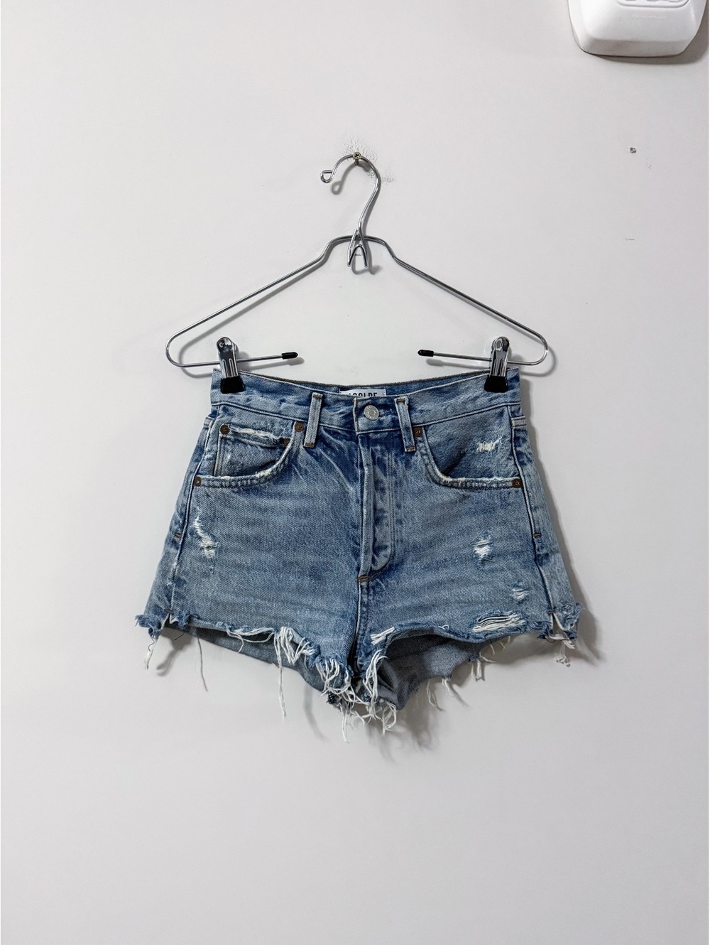 Agolde Light Wash High Rise Button Fly Mini Distressed Denim Jean Shorts
